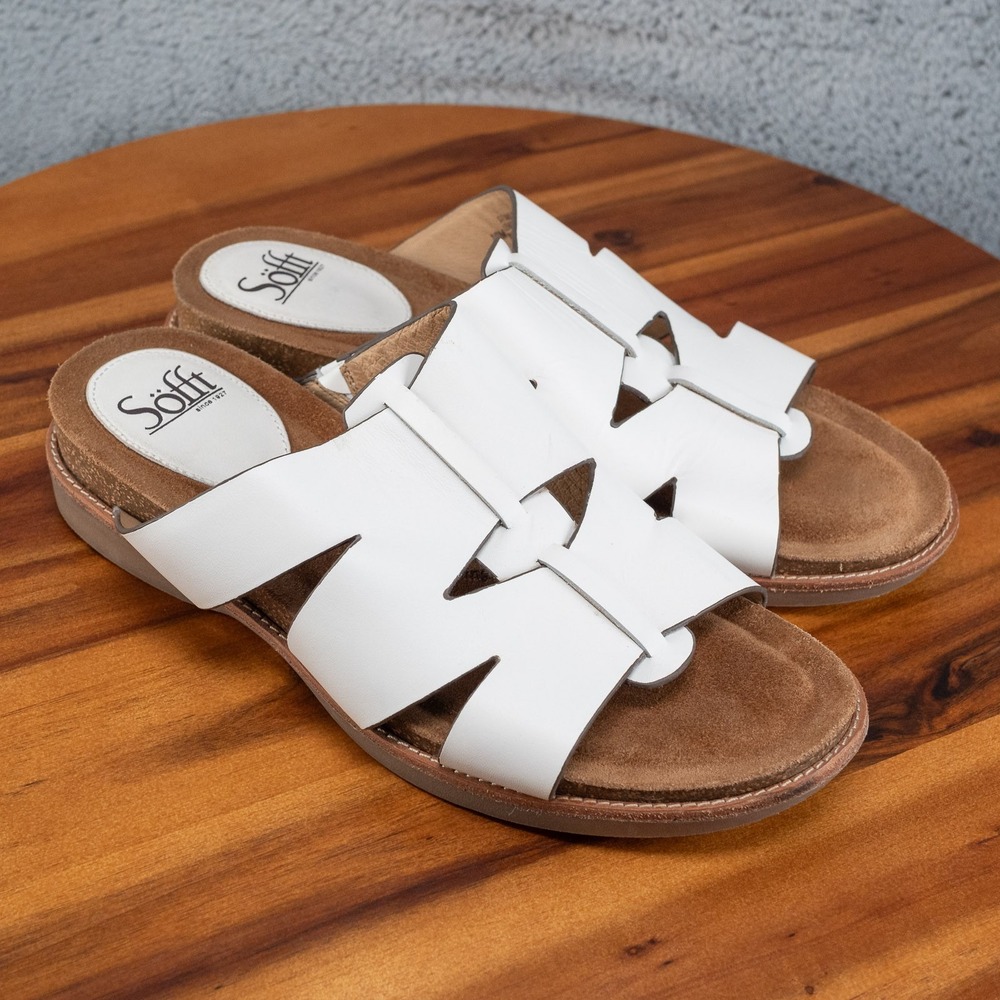 Sofft Women's Balin Sandals White Leather Strappy Slide Cork Footbed 10 M